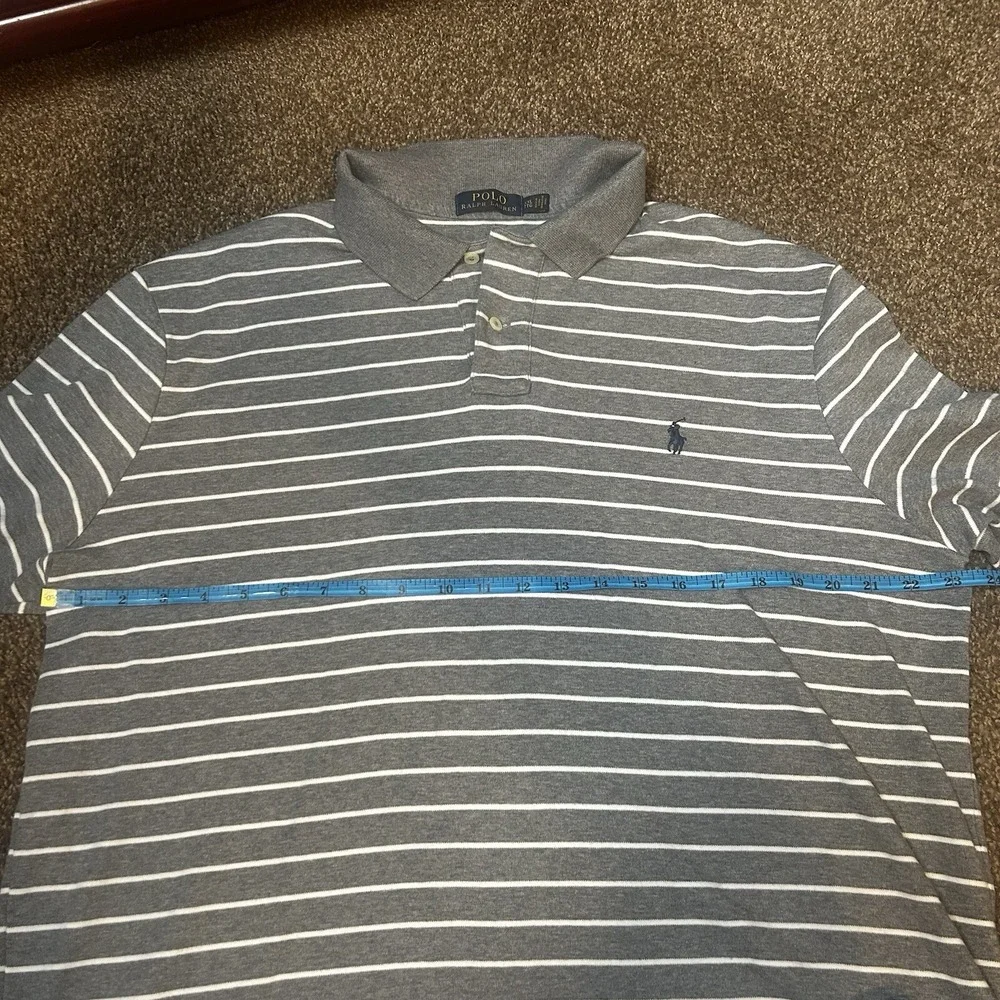 Polo Ralph Lauren Mens XXL Grey White Striped Long Sleeve Polo Shirt 100% Cotton
